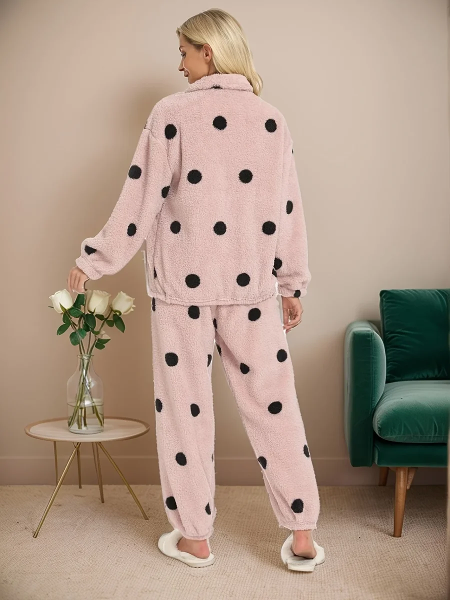 Pyjama Femme Doux Polaire Motif Pois Manches Longues Zip Intégral - Imagen 6