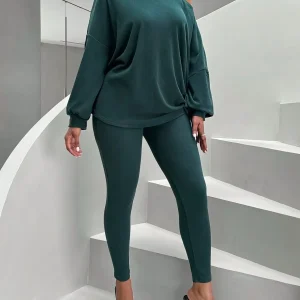 Ensemble pull col bateau et legging côtelé femme vert foncé