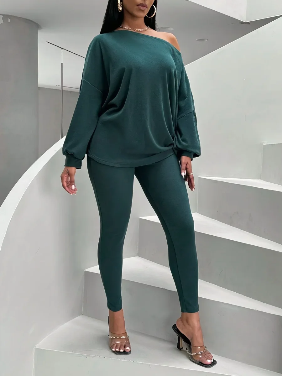 Ensemble pull col bateau et legging côtelé femme vert foncé
