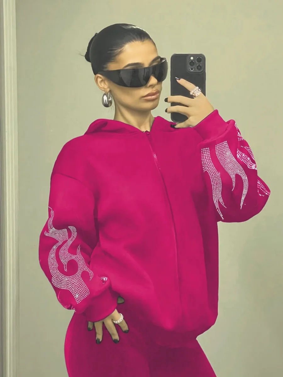 Sweat à Capuche Femme Décontracté Noir Flammé Strass Manches Longues - Imagen 9
