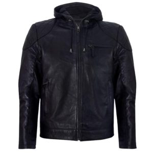 Chaqueta bomber de cuero auténtico negro para hombre con capucha.