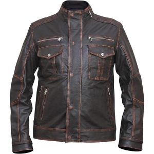 Chaqueta vintage de cuero auténtico para hombre, seis bolsillos, marrón oscuro, efecto desgastado.