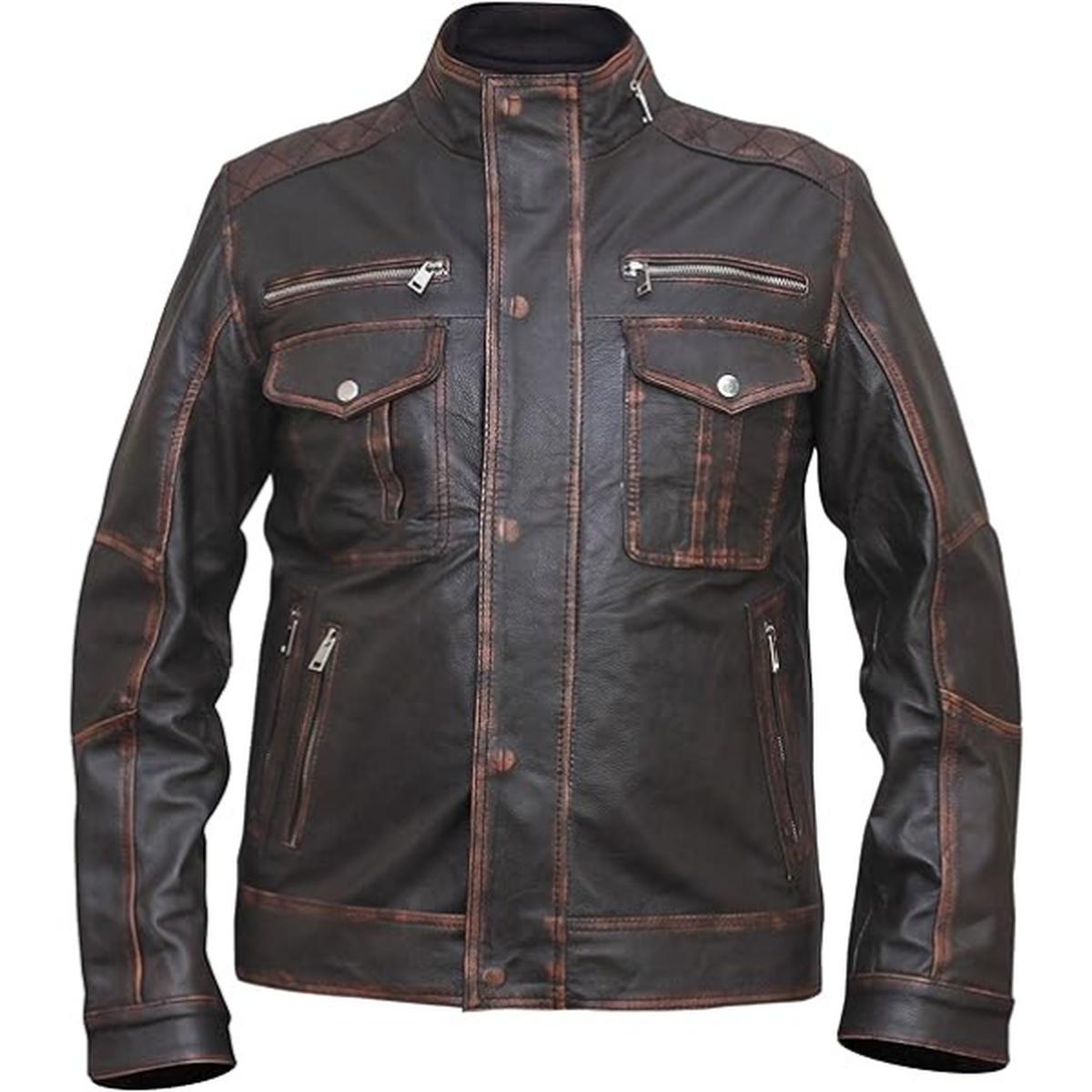 Chaqueta vintage de cuero auténtico para hombre, seis bolsillos, marrón oscuro, efecto desgastado. - Imagen 2