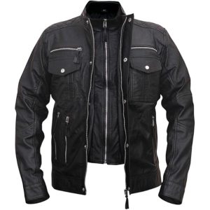 Chaqueta de piel de oveja negra estilo café racer para hombre