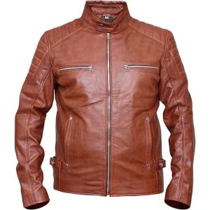Chaqueta de hombre de cuero genuino marrón estilo café racer. – con Cuello Alto