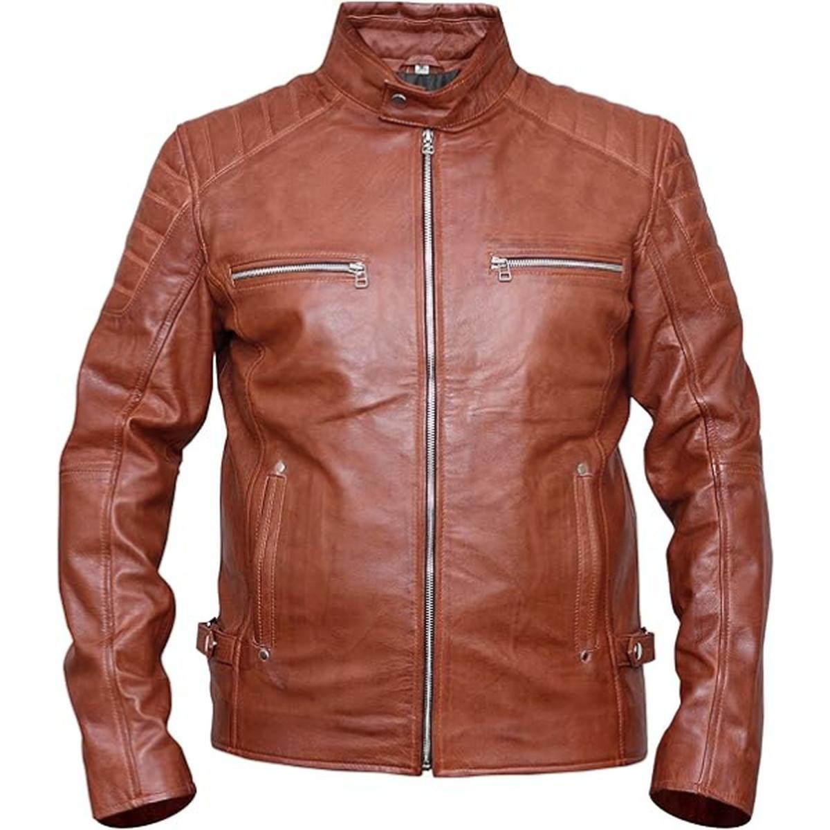Chaqueta de hombre de cuero genuino marrón estilo café racer. – con Cuello Alto