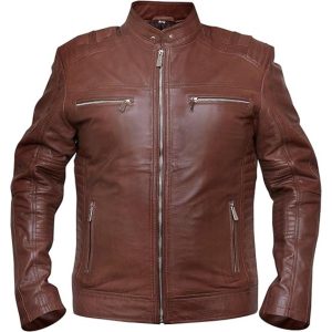 Chaqueta de hombre de cuero auténtico marrón oscuro estilo café racer.