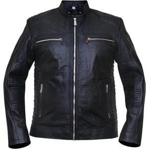 Chaqueta de hombre de cuero genuino negro estilo café racer. – con Cuello Alto