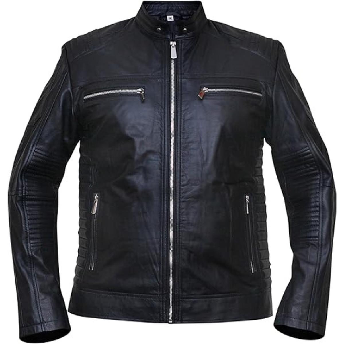 Chaqueta de hombre de cuero genuino negro estilo café racer. – con Cuello Alto - Imagen 2