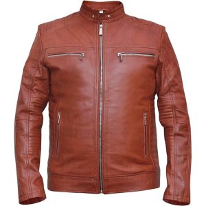 Chaqueta de hombre de cuero genuino marrón estilo café racer.