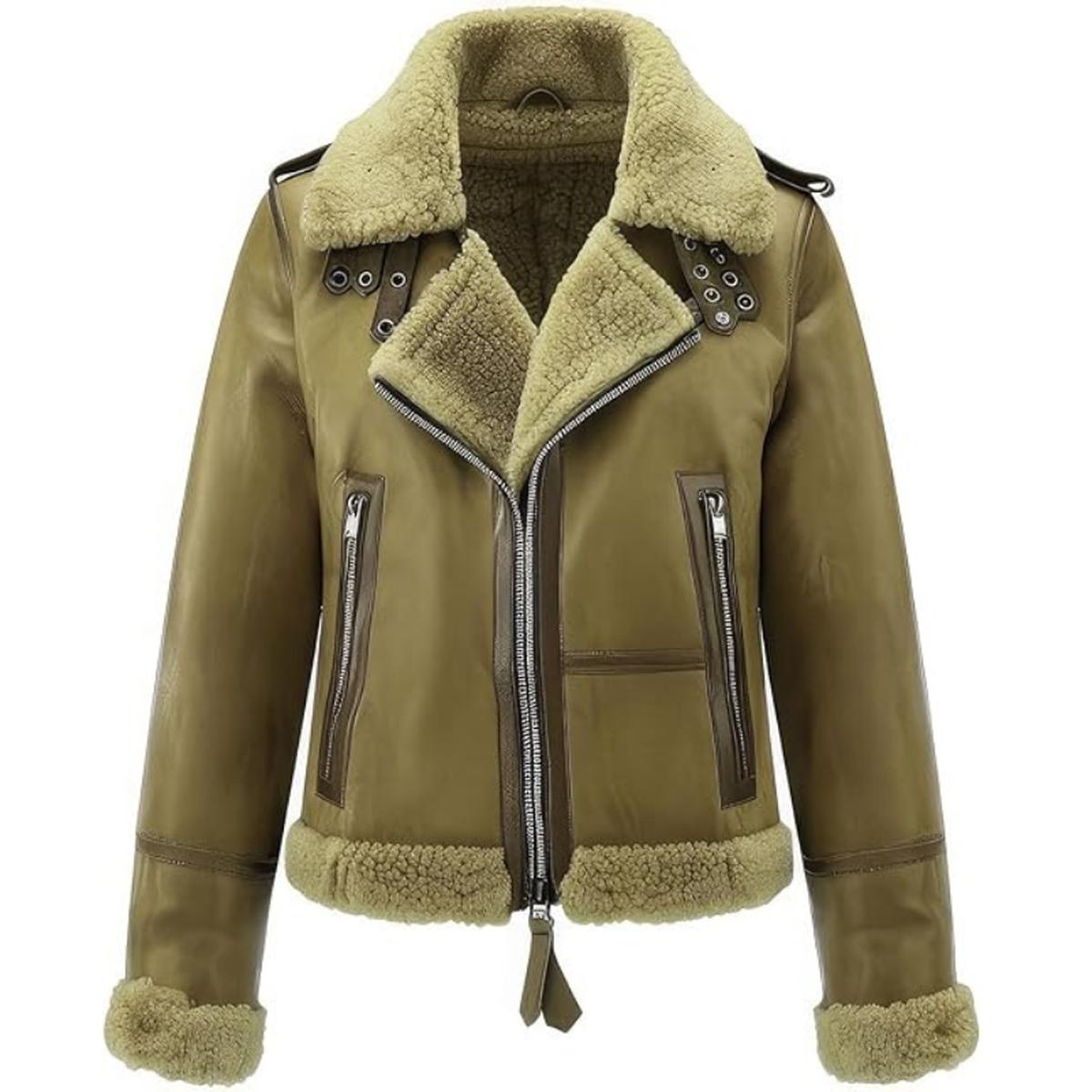 Chaqueta de aviador para mujer en auténtica piel de oveja verde oliva con forro de piel de oveja. - Imagen 3