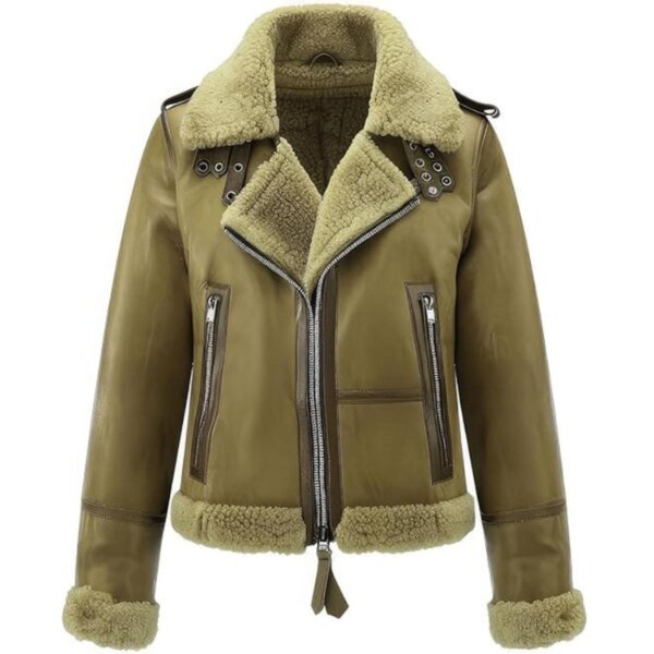 Chaqueta de aviador para mujer en auténtica piel de oveja verde oliva con forro de piel de oveja. - Imagen 2