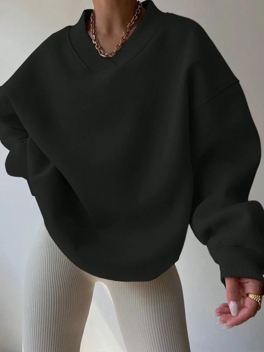 Pull col V femme noir décontracté manches longues - Imagen 3