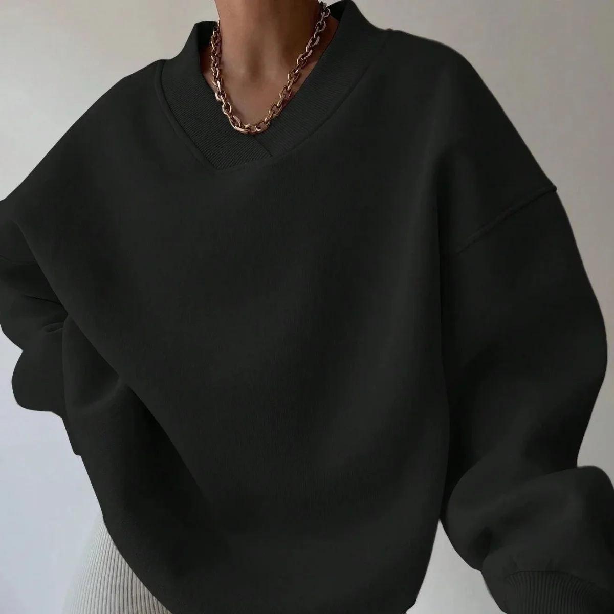 Pull col V femme noir décontracté manches longues - Imagen 9