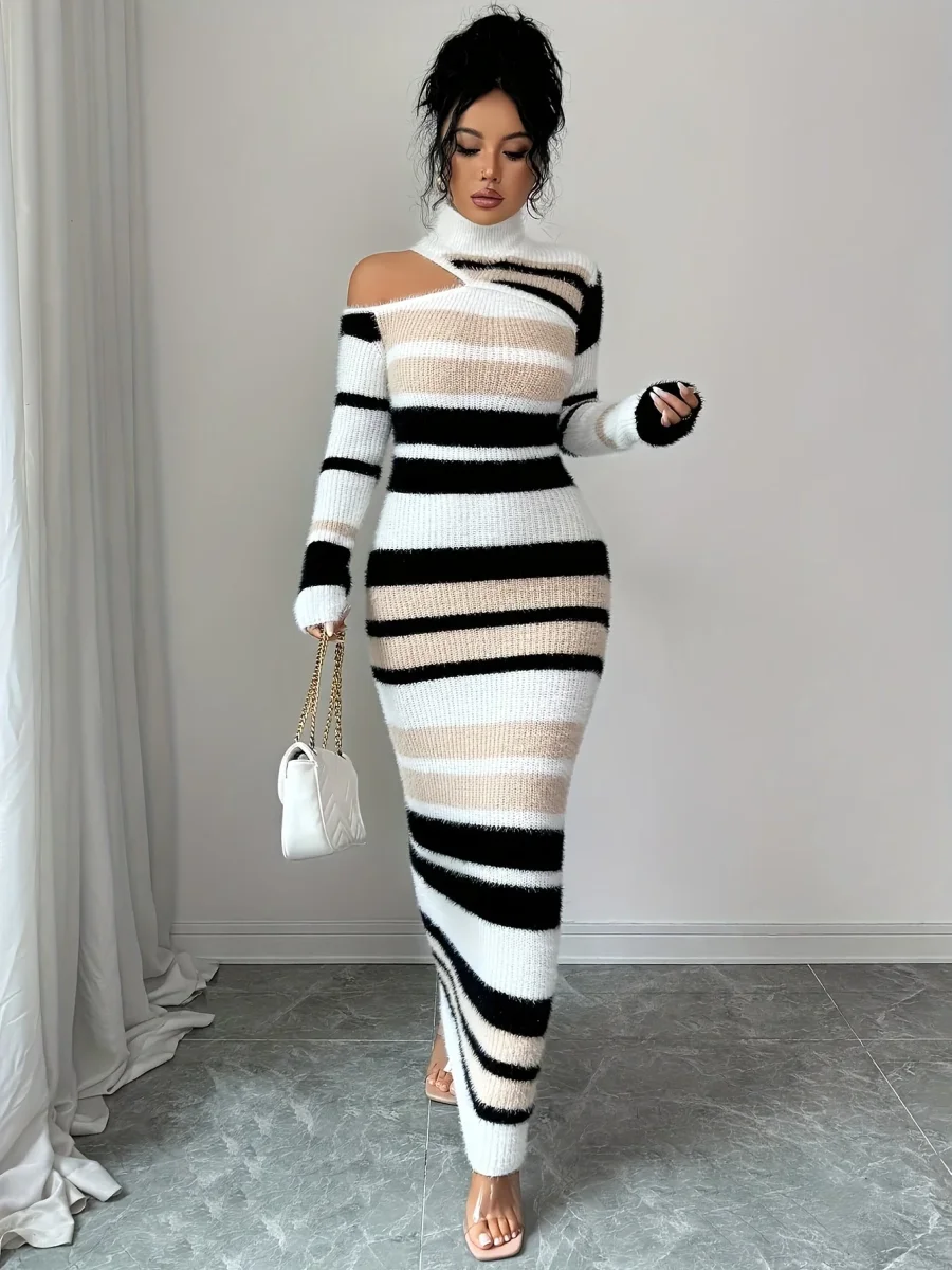 Robe longue moulante à col montant rayée Noir Crème Beige Femme - Imagen 4