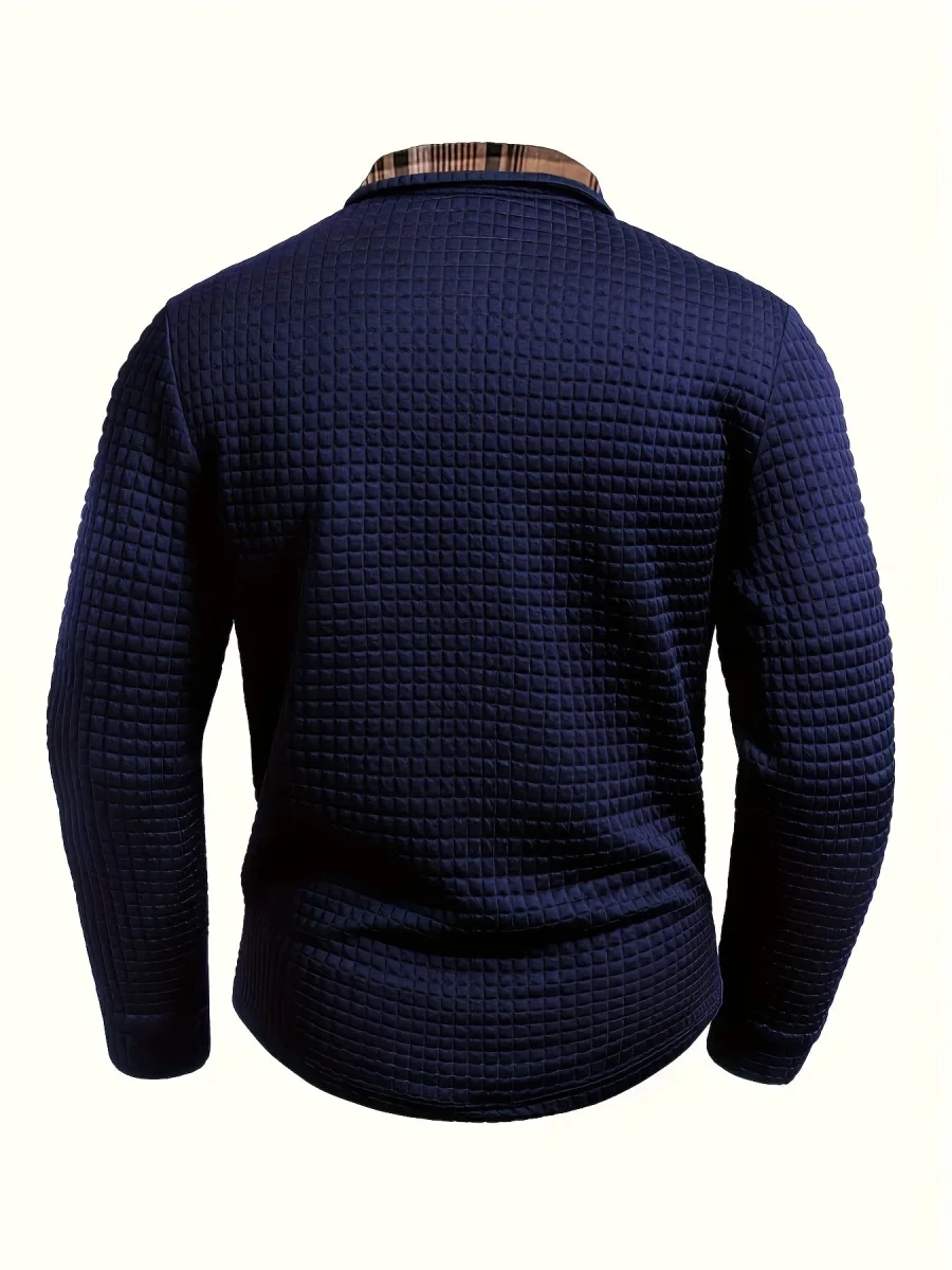 Polo homme à manches longues texturé motif gaufré avec col et poche à carreaux - Imagen 8