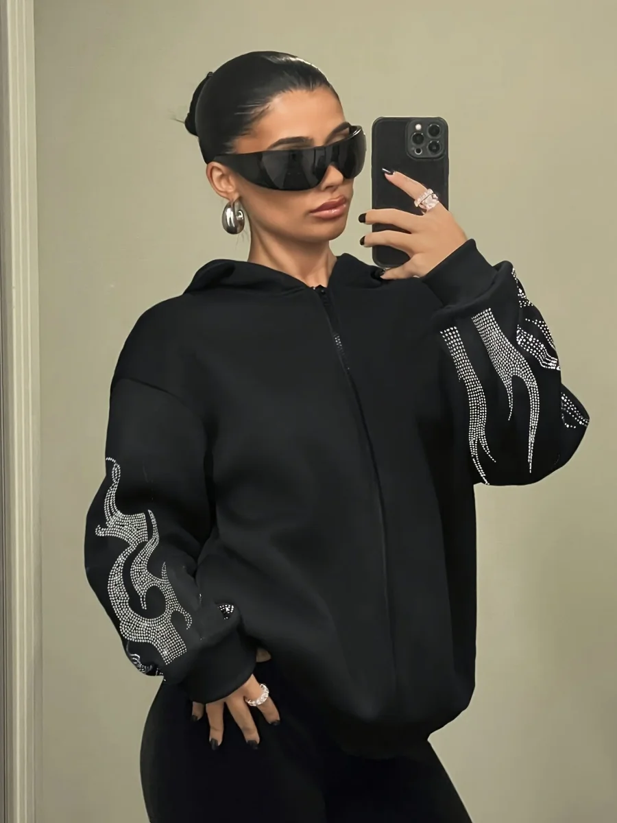 Sweat à Capuche Femme Décontracté Noir Flammé Strass Manches Longues - Imagen 7