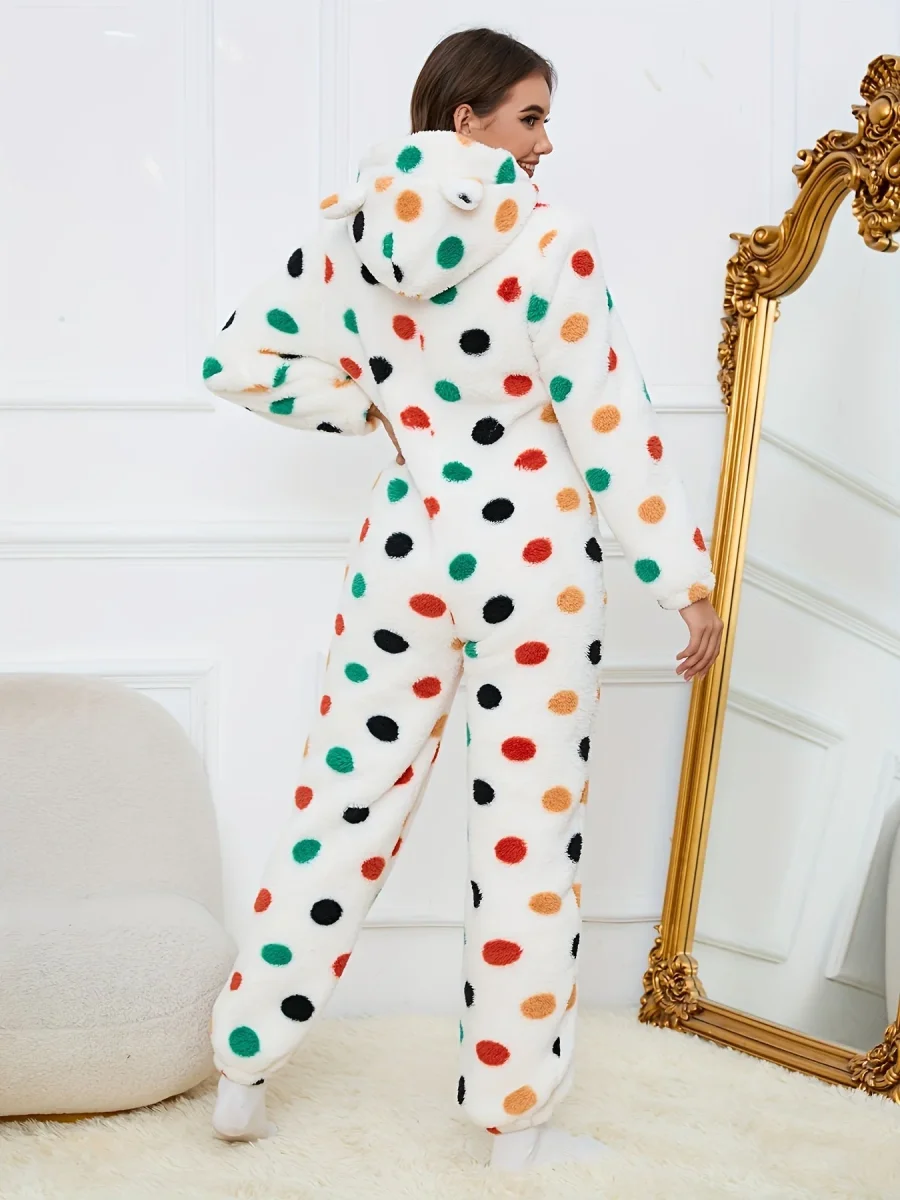 Combinaison Pyjama Polaire Femme à Capuche Ourson ou Pois Colorés Fermeture Éclair - Imagen 9