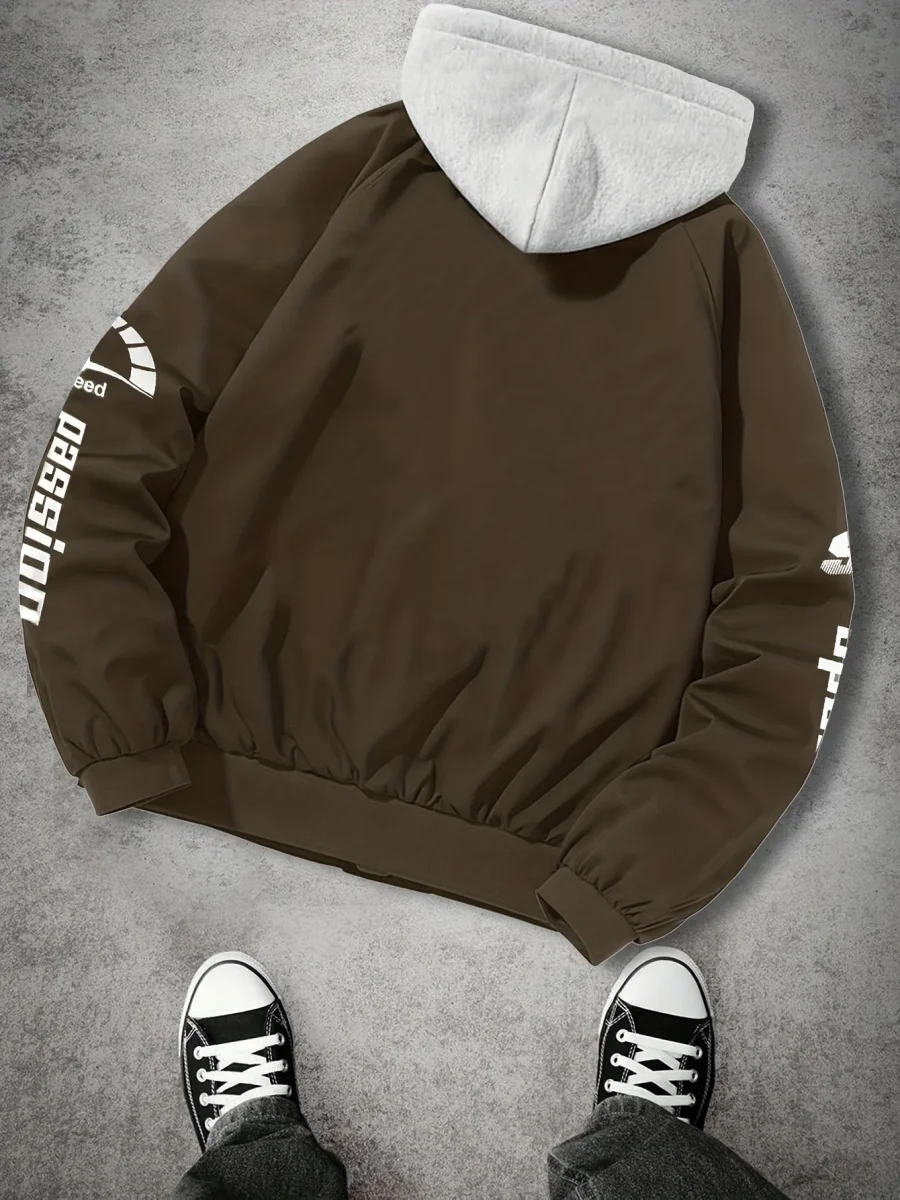 Blouson Bomber Homme Capuche Amovible Zippé avec Imprimés Racing Vert Clair - Imagen 9