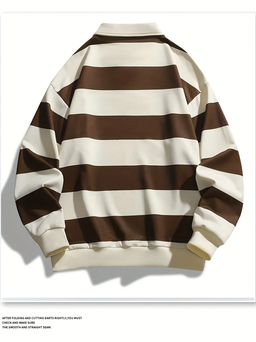 Polo manches longues à rayures horizontales marron et blanc cassé pour homme - Imagen 7