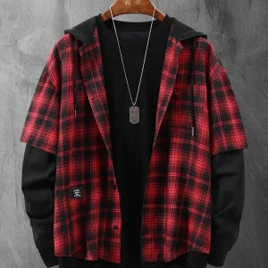 Veste à capuche pour homme motif carreaux rouge et noir style superposé