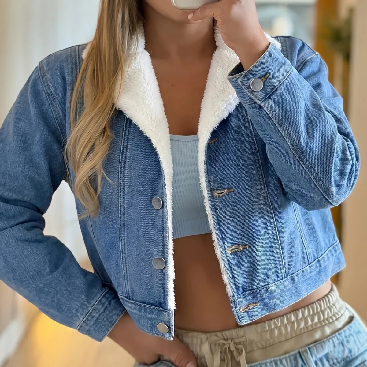Veste courte en denim bleu avec doublure douce pour femme - Imagen 8