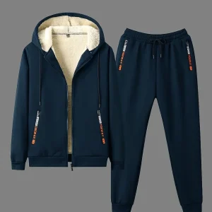 Ensemble Survêtement Homme Capuche Doublure Sherpa Hiver Chaud Bleu Marine