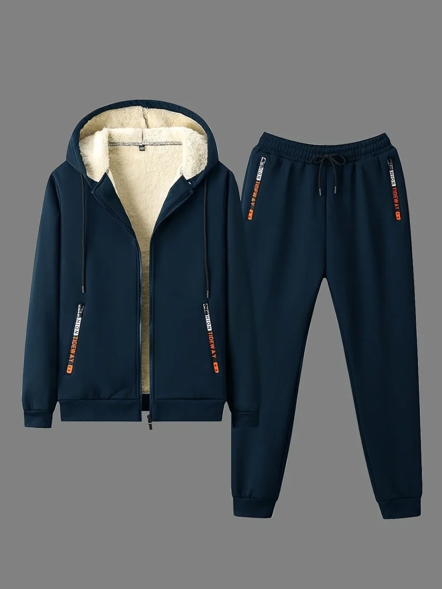 Ensemble Survêtement Homme Capuche Doublure Sherpa Hiver Chaud Bleu Marine - Imagen 2