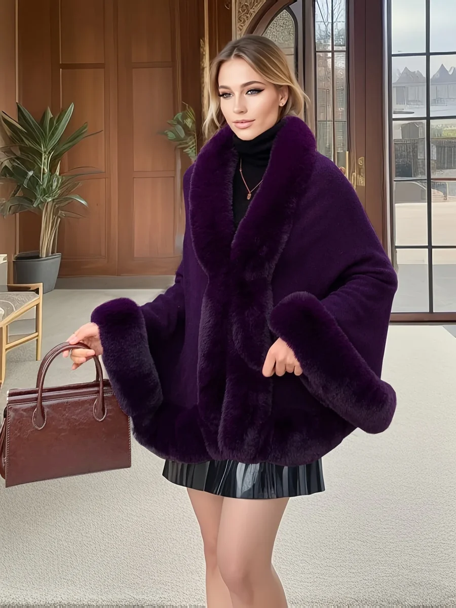 Cape poncho femme ample avec col et bordures en fausse fourrure pour hiver élégant - Imagen 8