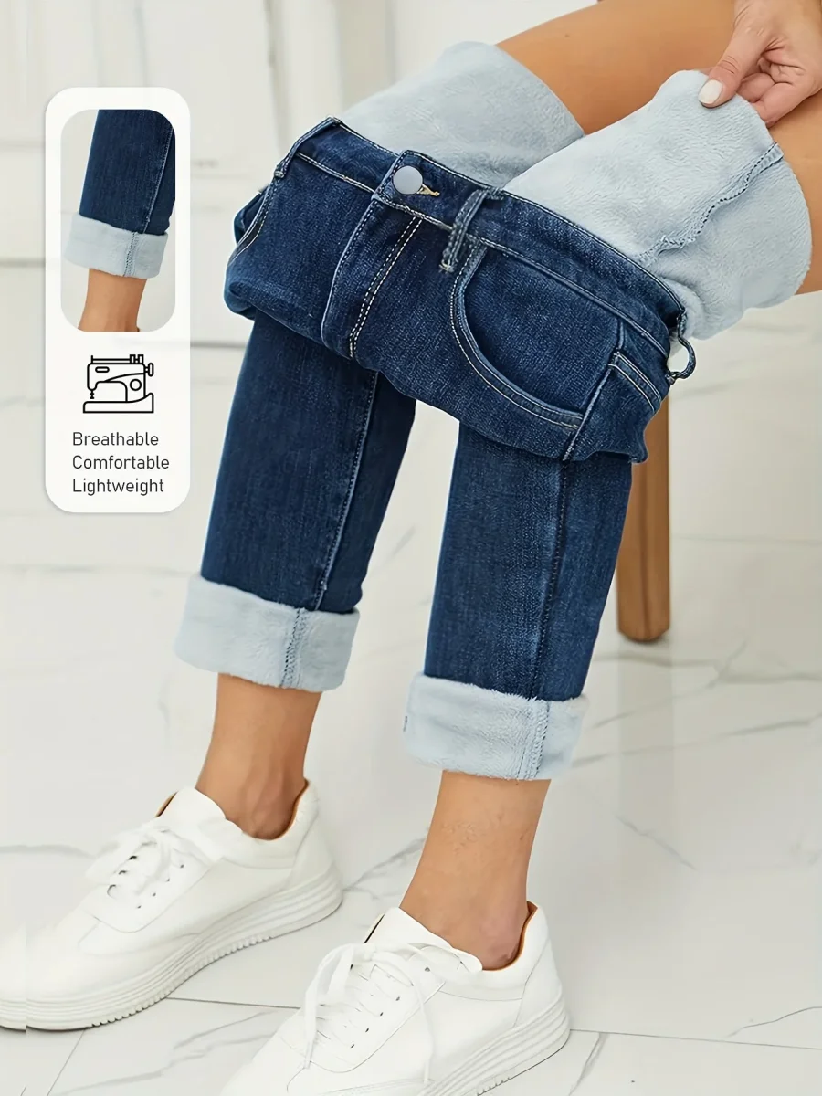 Jean Femme doublé polaire coupe droite bleu foncé chaud - Imagen 3