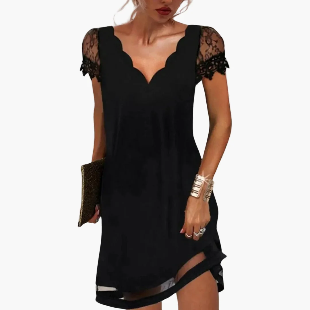 Robe Femme Élégante Manches Dentelle Col Ondulé pour Soirée et Événement - Imagen 2