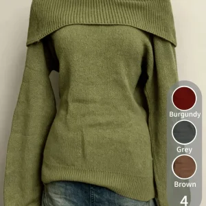 Pull Femme Épaules Dénudées Vert Kaki Tricot Doux Col Rabattu