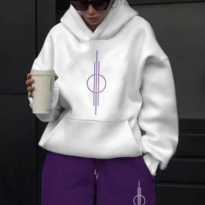 Ensemble survêtement femme blanc et violet motif géométrique