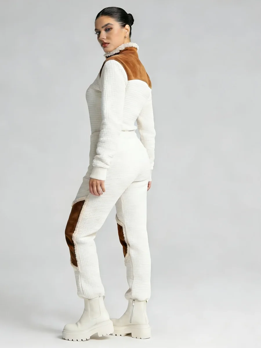 Pull matelassé Femme Col Montant Zippé Blanc Cassé Épaules Marron Effet Daim - Imagen 5