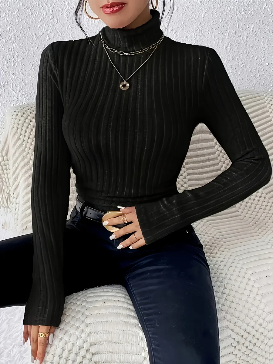 Haut côtelé à col montant pour femme, manches longues, ajusté, vert kaki, gris clair et beige - Imagen 8