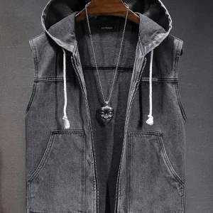 Veste sans manches à capuche pour homme en denim noir délavé