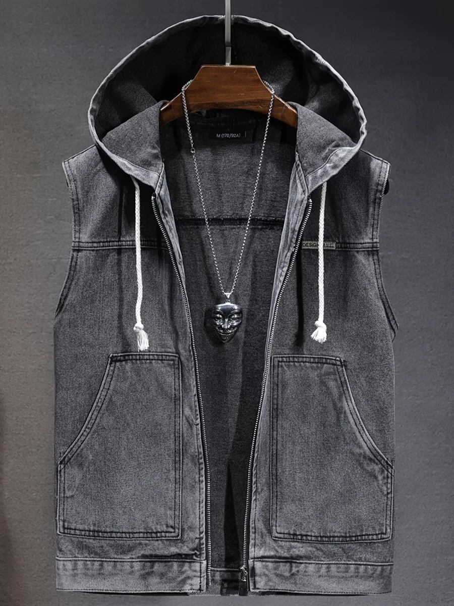 Veste sans manches à capuche pour homme en denim noir délavé - Imagen 2