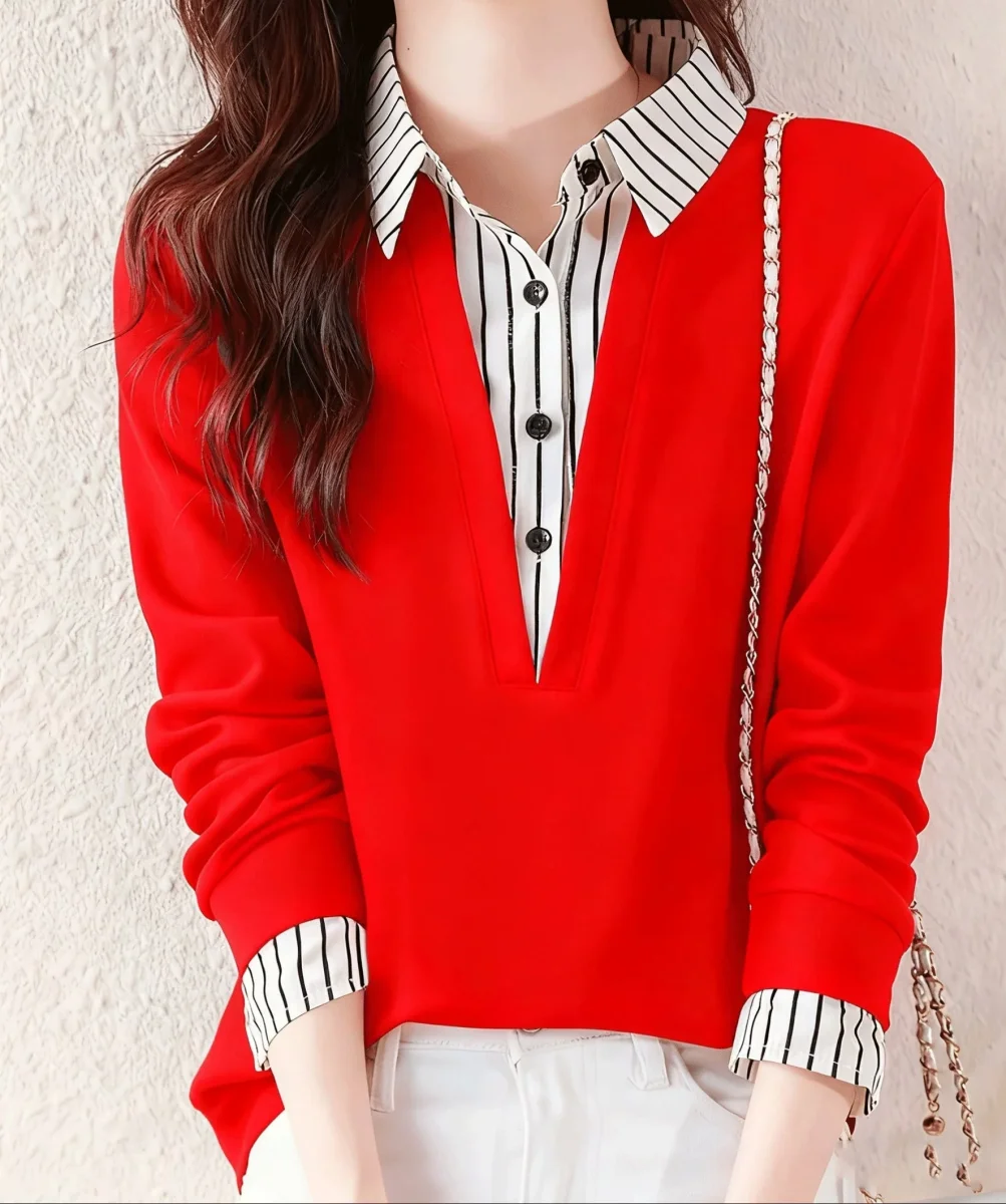 T-shirt Femme Col Chemise Rayé Manches Longues Faux Deux Pièces - Imagen 4
