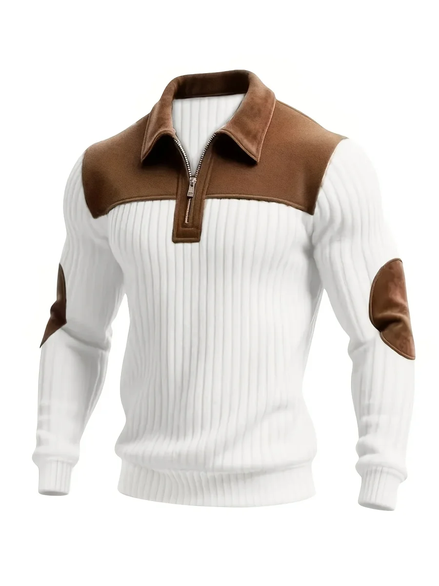 Pull homme côtelé col polo zippé empiècements contrastants coudes et épaules - Imagen 3