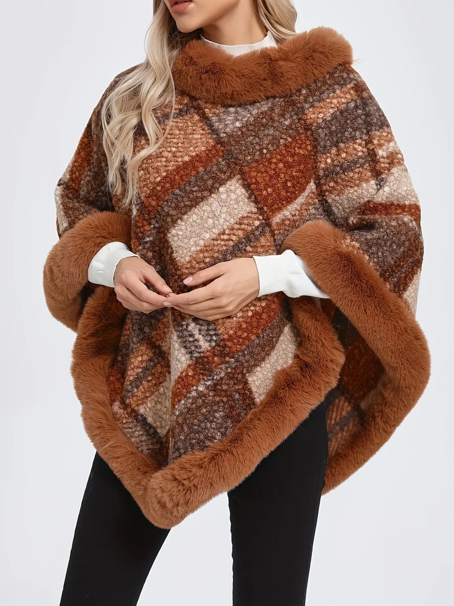Poncho Femme Chaud Motifs Géométriques et Bordures Imitation Fourrure - Imagen 2
