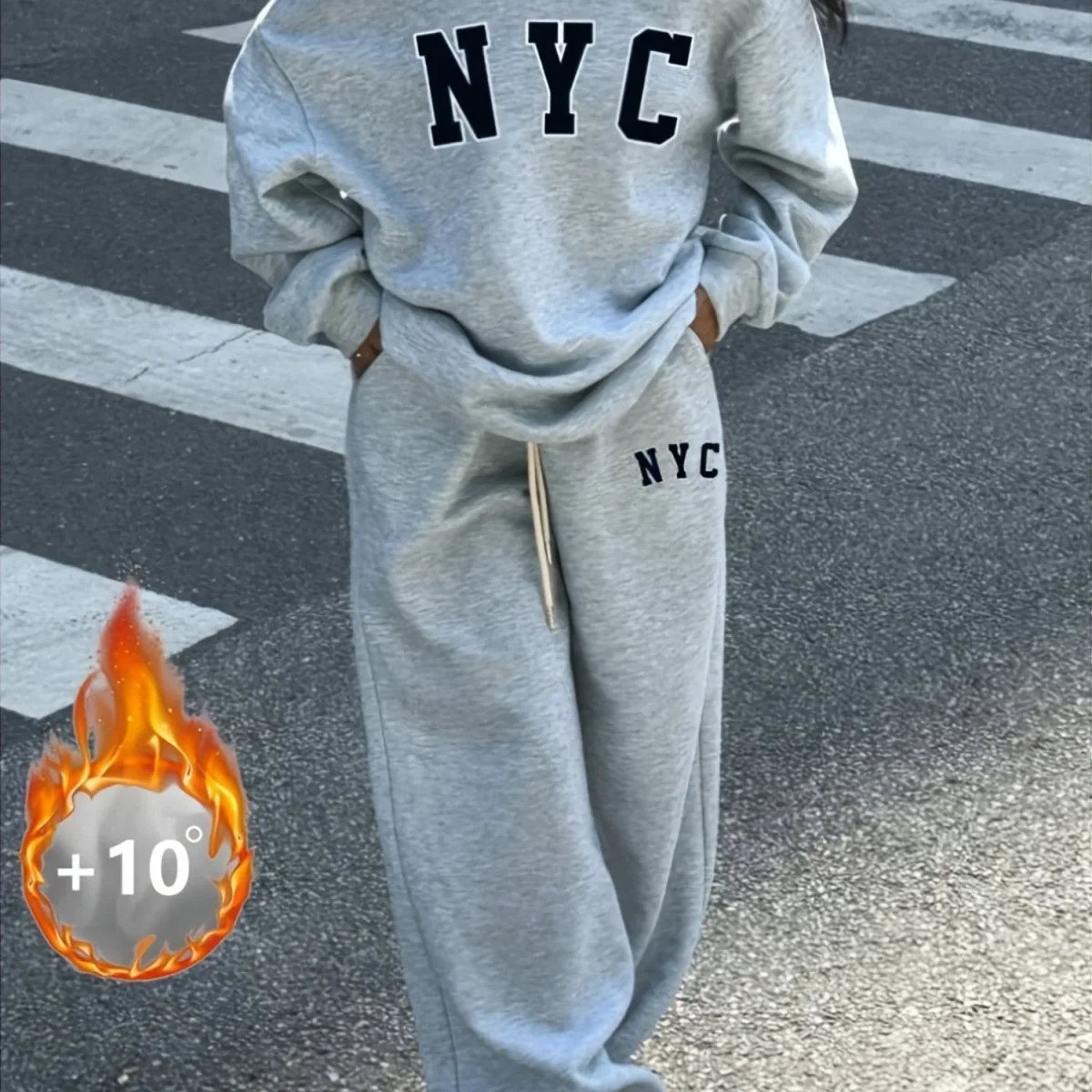 Ensemble survêtement femme gris clair décontracté avec impression NYC - Imagen 8