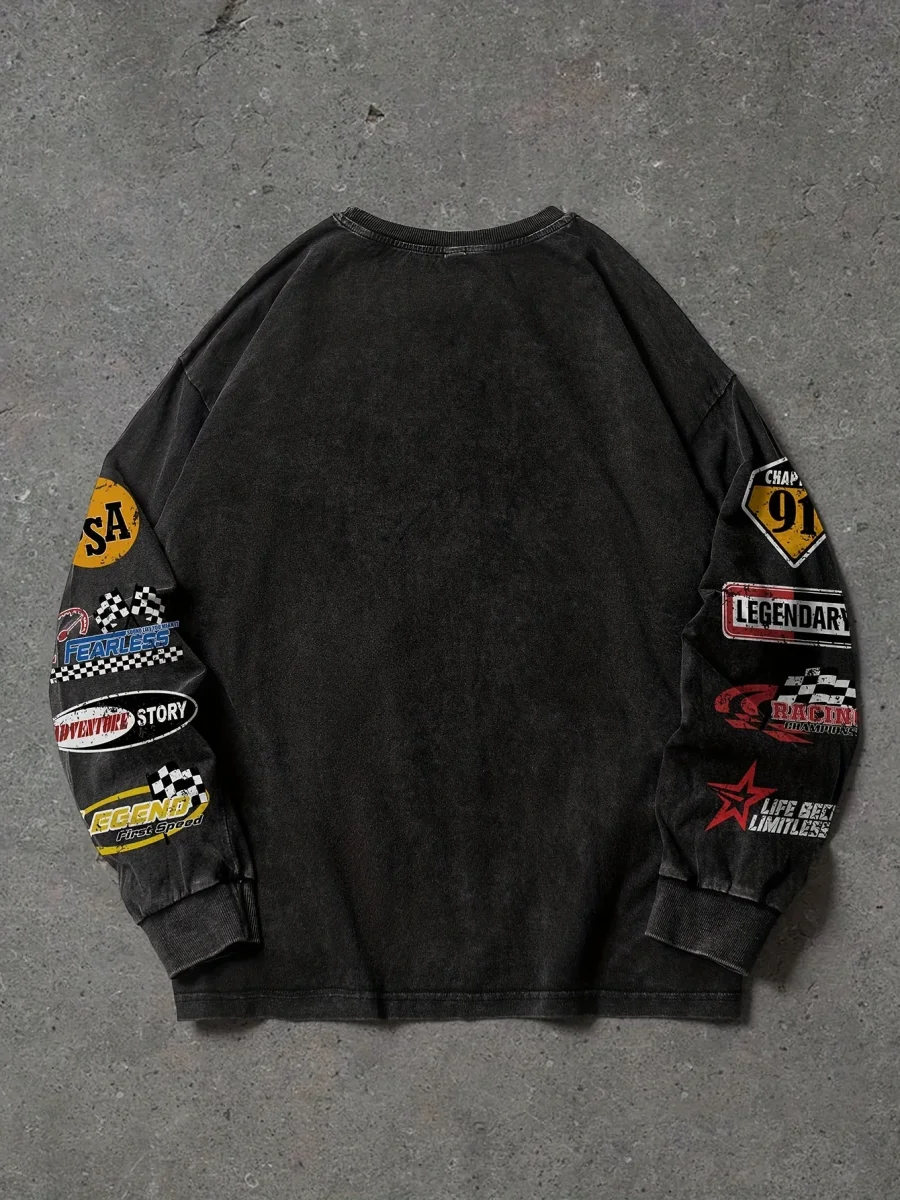 Sweat-shirt Homme ample noir délavé imprimé texte et écussons style racing - Imagen 3