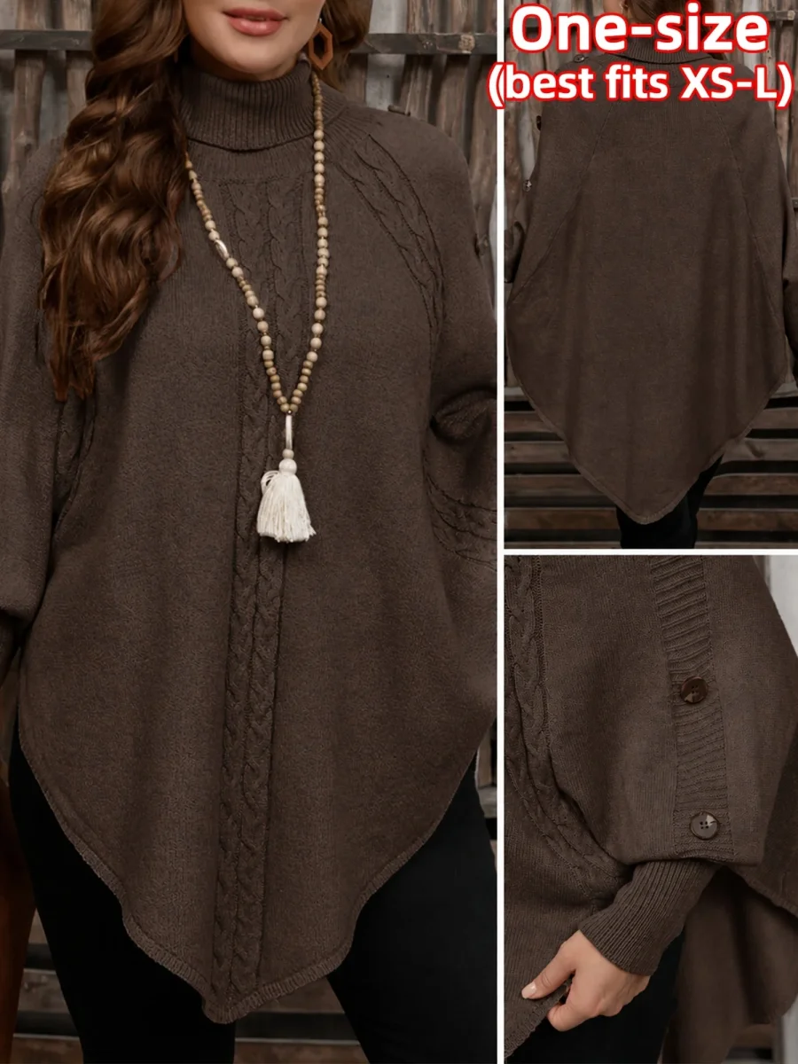 Pull poncho en tricot à col roulé et tresses avec boutons décoratifs pour femme - Imagen 7