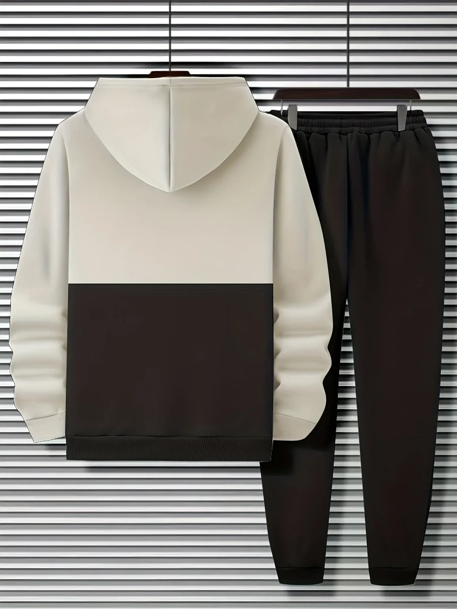 Ensemble Survêtement Homme Bicolore à Capuche et Bandes Horizontales Gris et Noir - Imagen 6