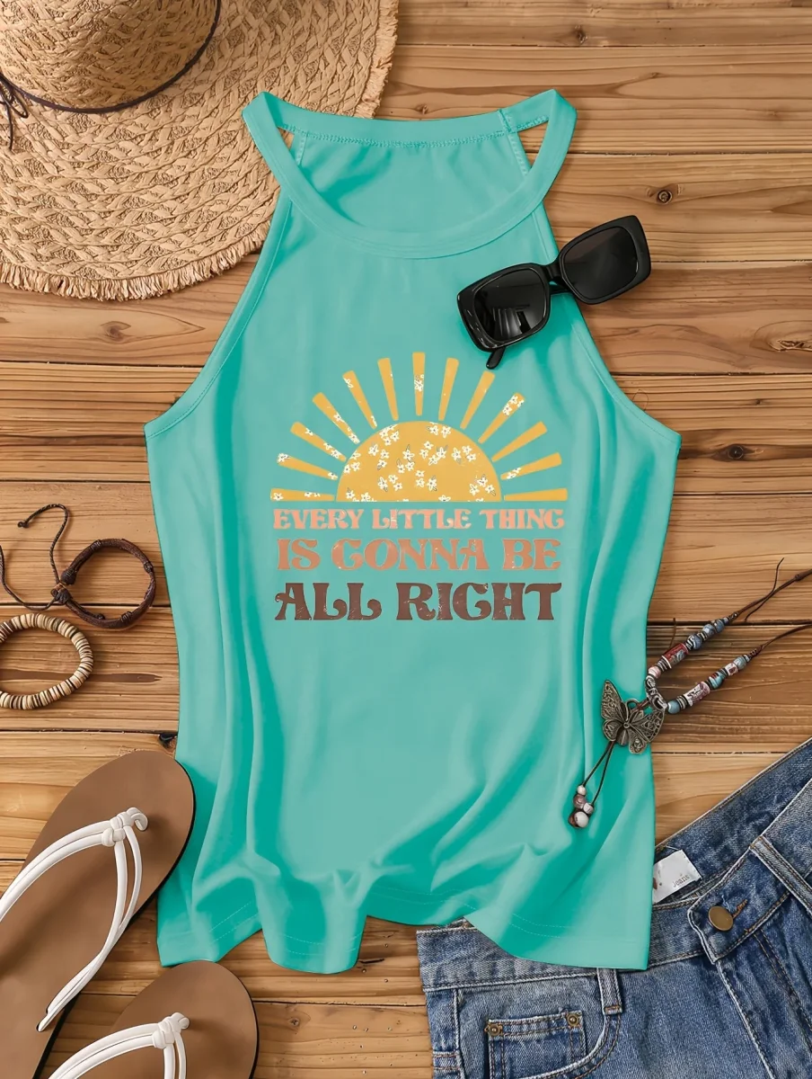 Débardeur Femme Style Bohème Casual - Motif Soleil et Message Positif - Idéal Été et Vacances - Imagen 6