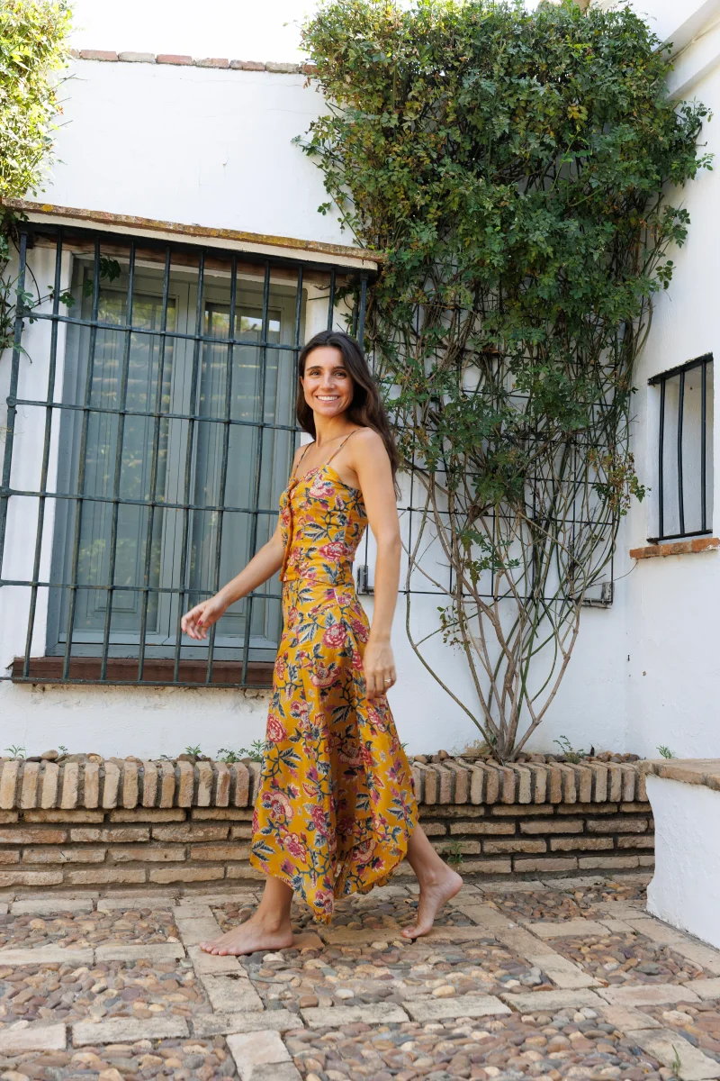 FALDA SEDA ESTAMPADA MOSTAZA