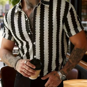 Chemise Resort Homme à Manches Courtes Style Moderne – Rayures Verticales, Look Urbain Décontracté