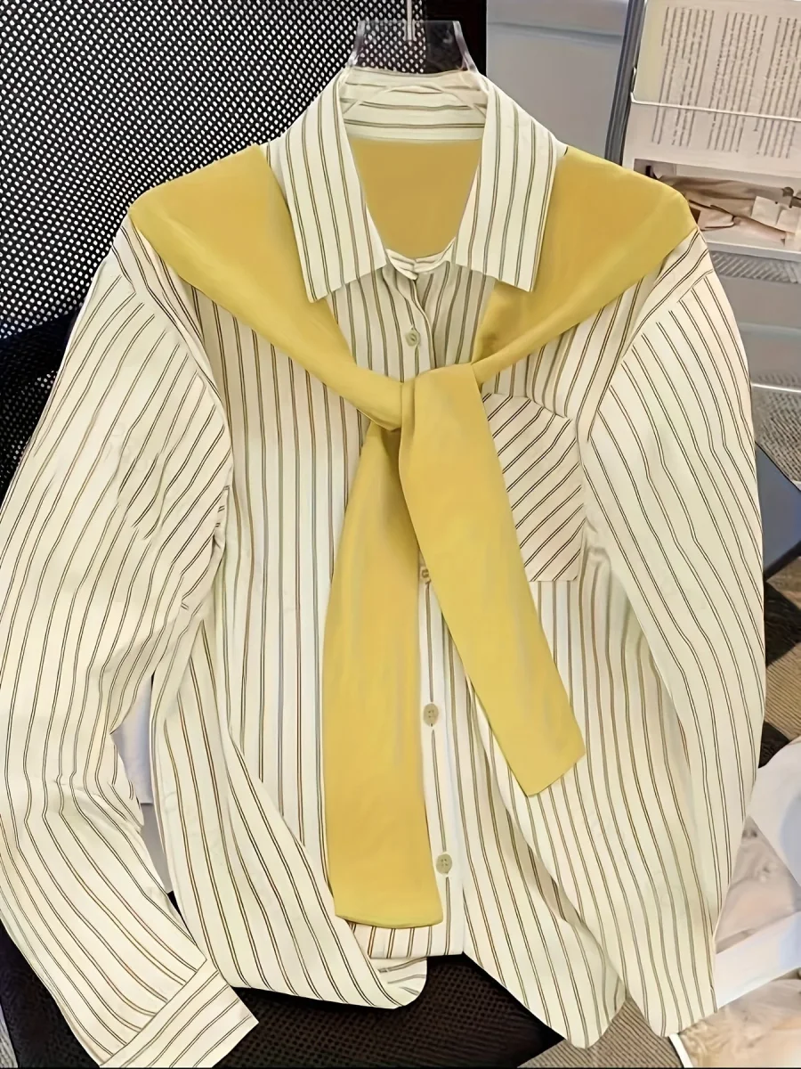 Chemise rayée femme à manches longues avec fausse écharpe nouée devant - Imagen 4