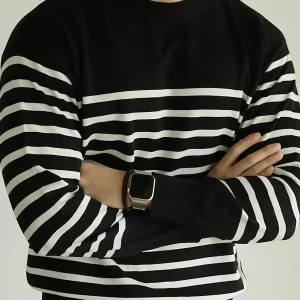 Pull Homme Marinière Col Rond Rayé Manches Longues Noir Blanc