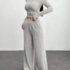 Ensemble côtelé femme 2 pièces pull court et pantalon large gris